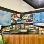 interior photo of the lifestyle outdoor sherman oaks showroom showing a jacuzzi hot tub display with a waterfall feature, product pricing stand, and branded wall graphics behind the spa.