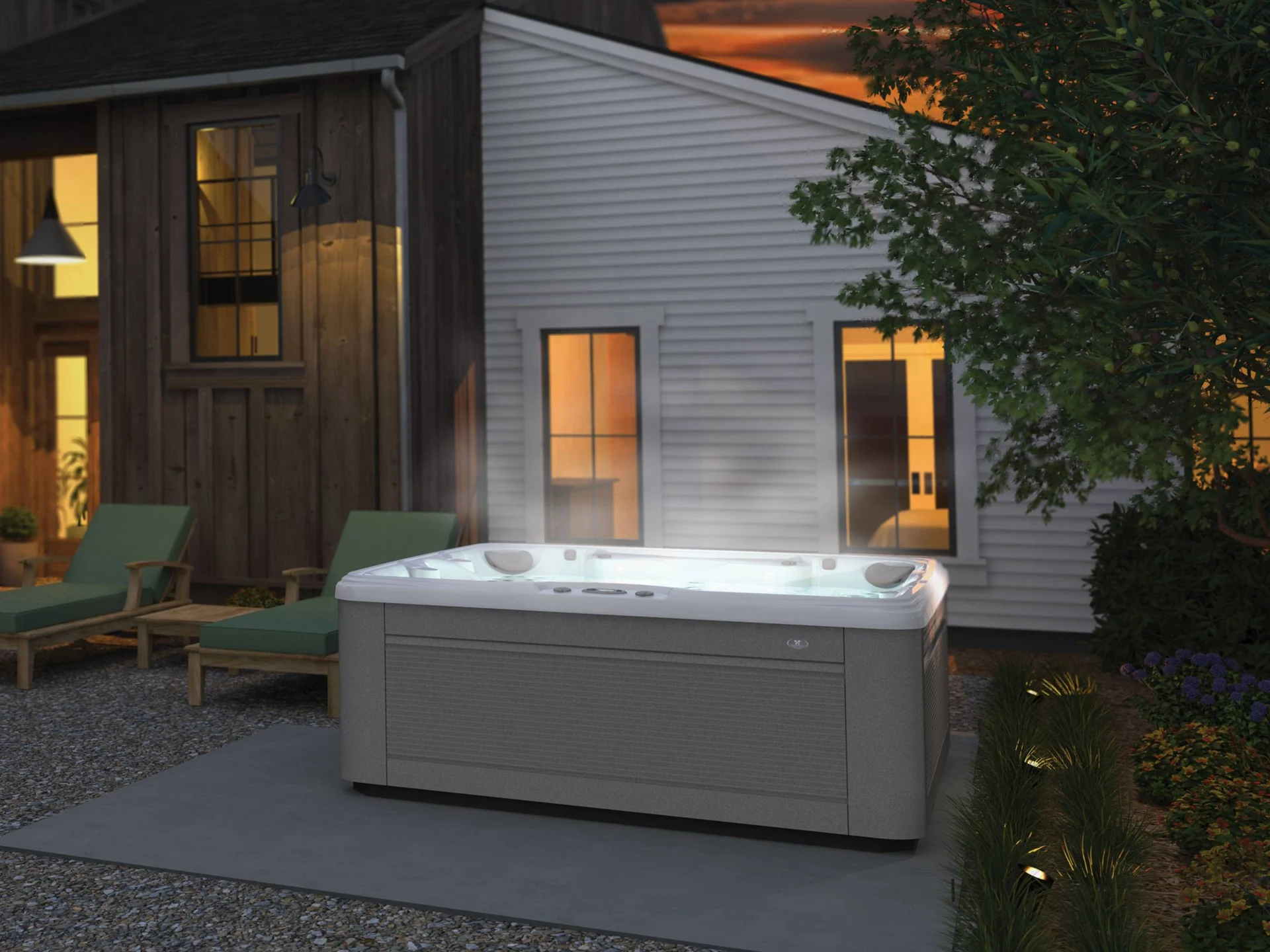 steaming hot tub on a los angeles patio at dusk.