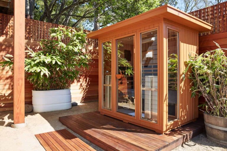 outdoor sauna installation in a backyard