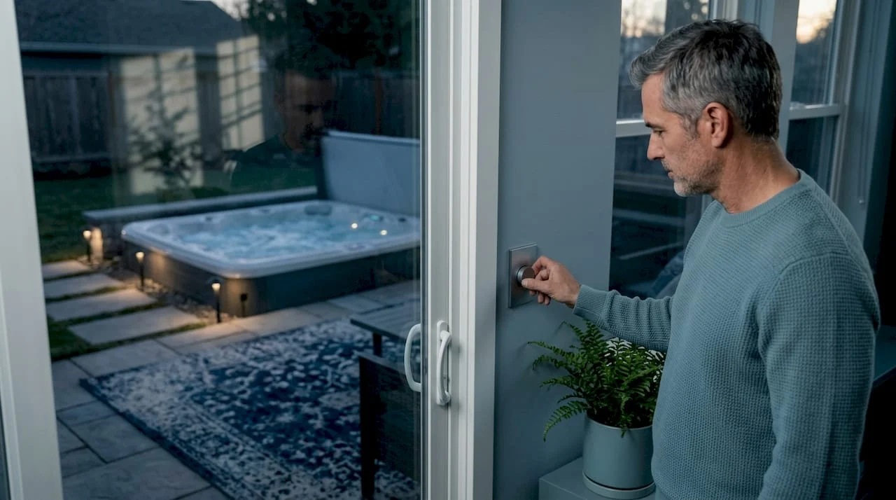 Homeowner adjusting spa lighting controls