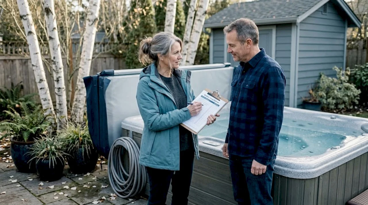 Couple reviewing hot tub selection outdoors