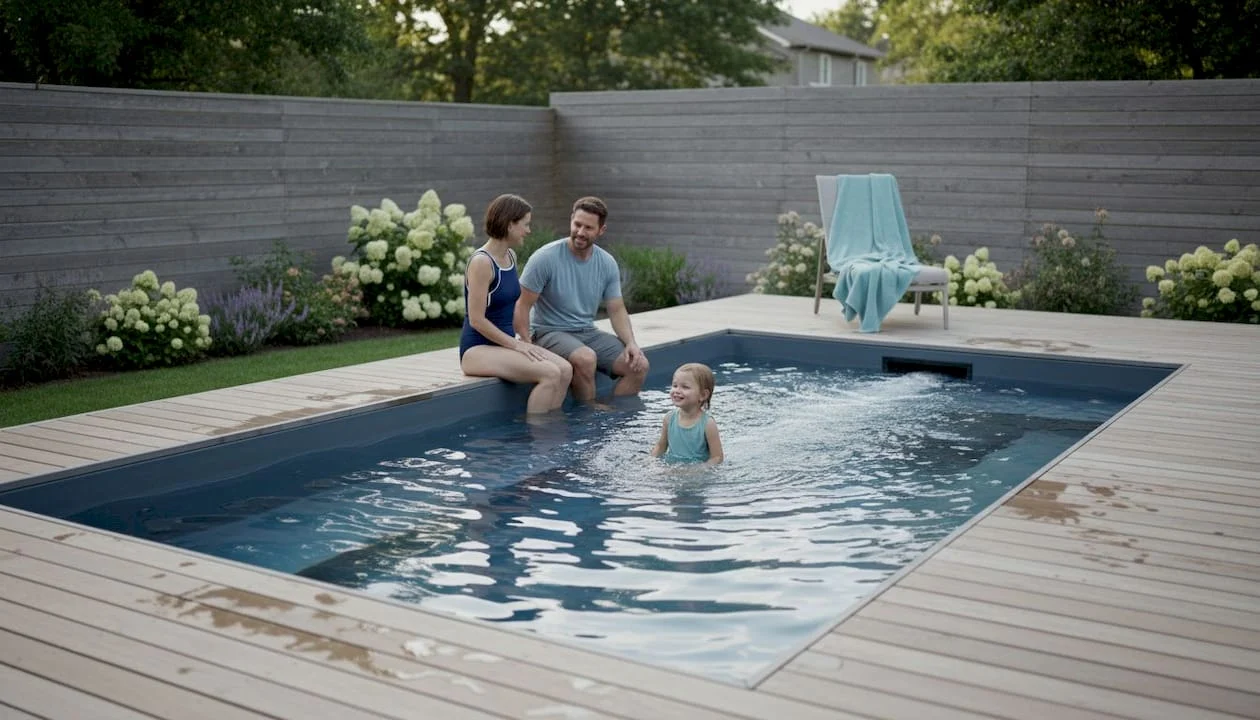 family enjoying home swim spa outdoors