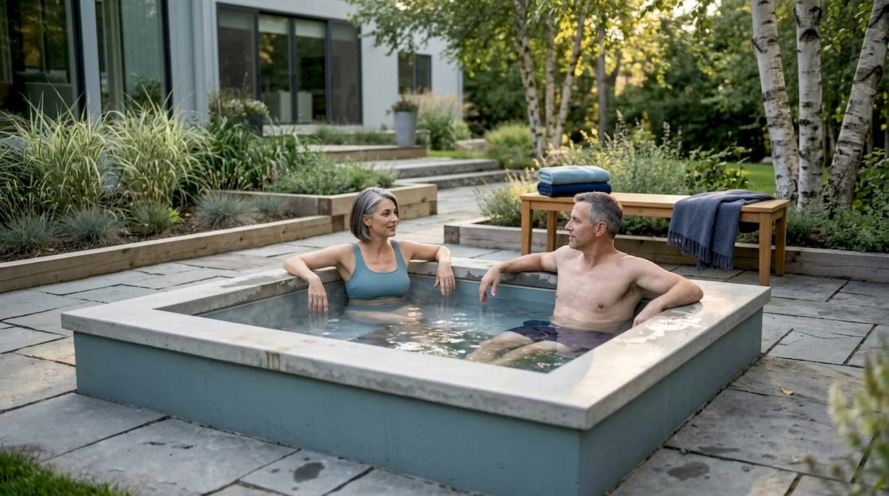 couple relaxing in luxury backyard hot tub