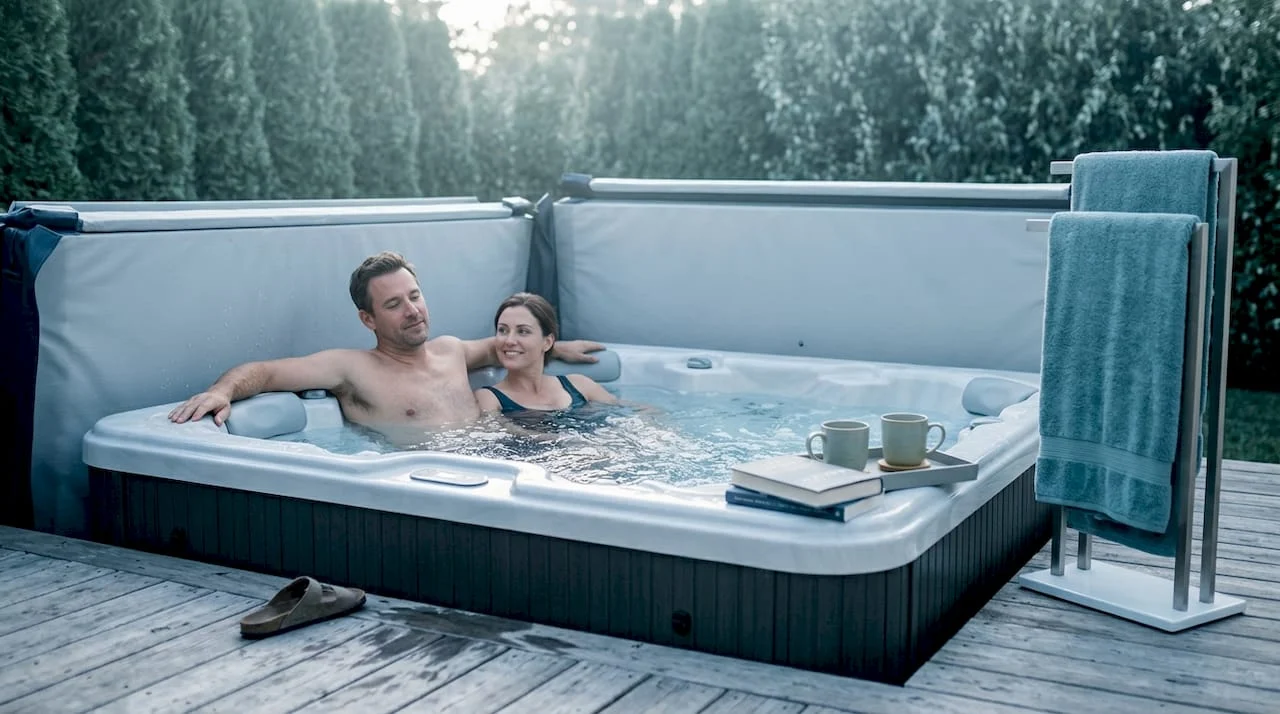 couple relaxing in hot tub with accessories