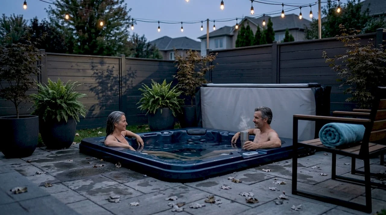 couple relaxing in backyard hot tub at dusk
