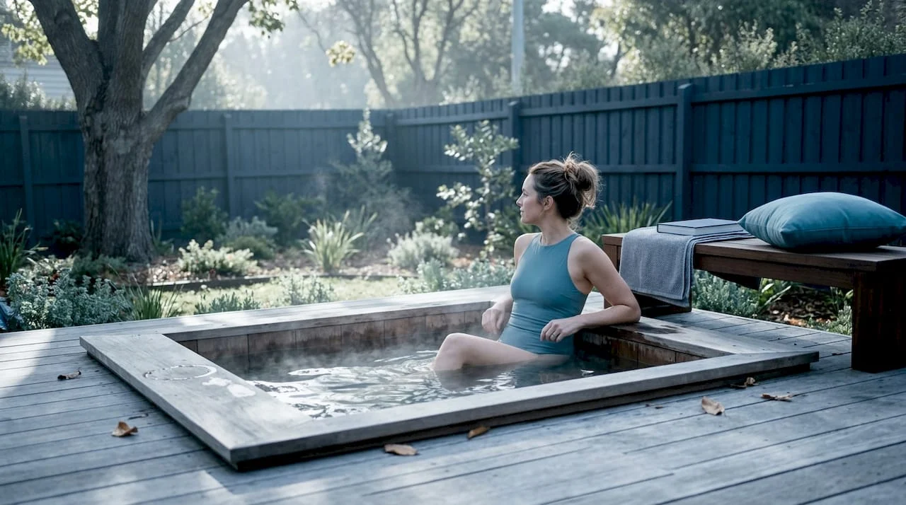 woman relaxing in backyard hot tub at dusk