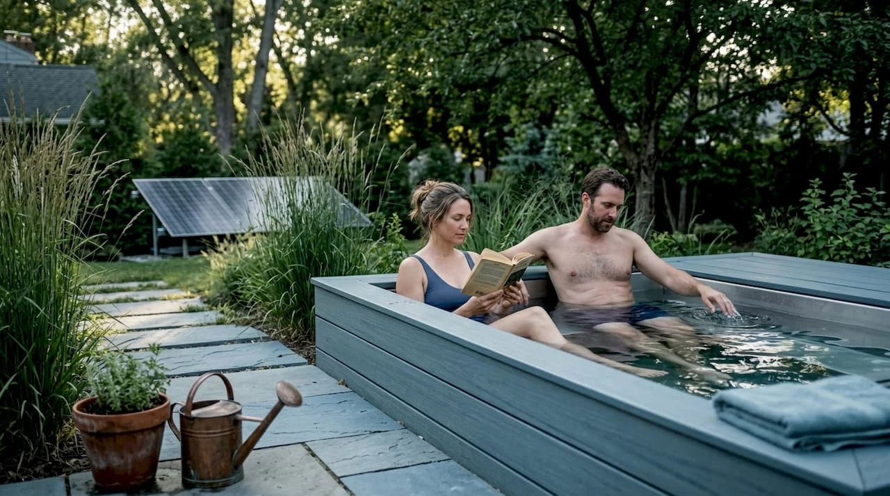 couple enjoying eco-friendly hot tub outdoors