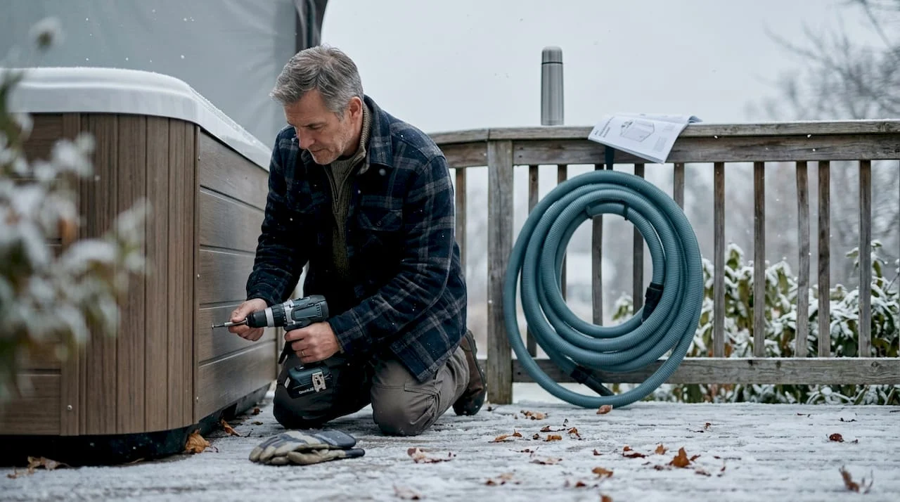 homeowner preparing hot tub for winter