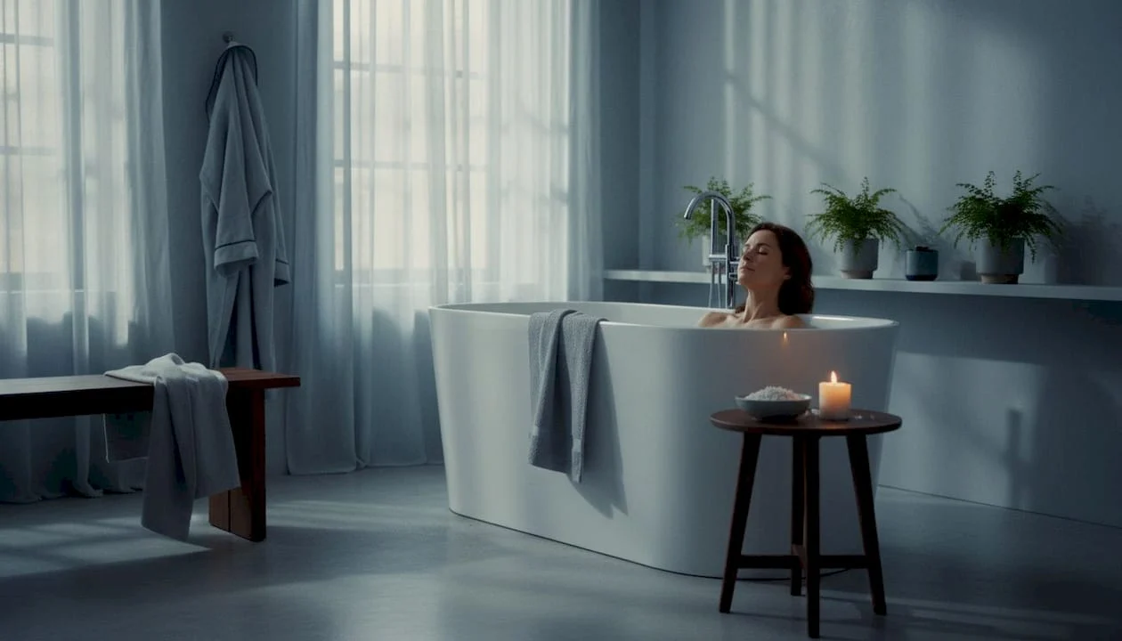 woman relaxing in a spa-like home bathroom