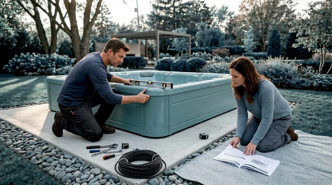 homeowners positioning hot tub on backyard patio
