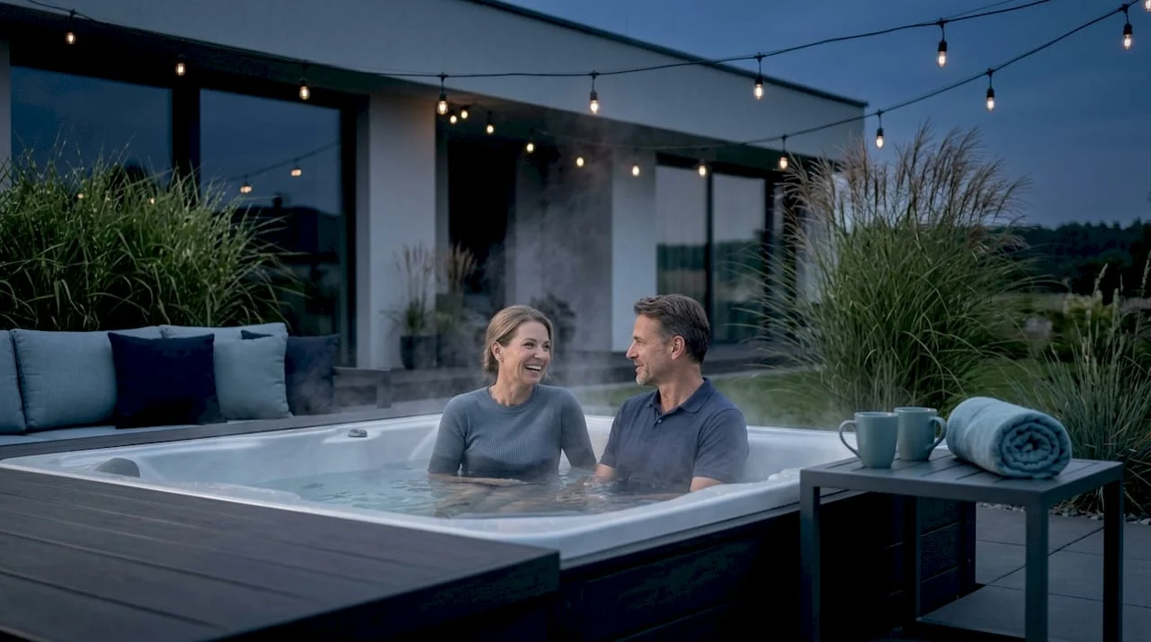 Couple relaxing in luxury backyard hot tub