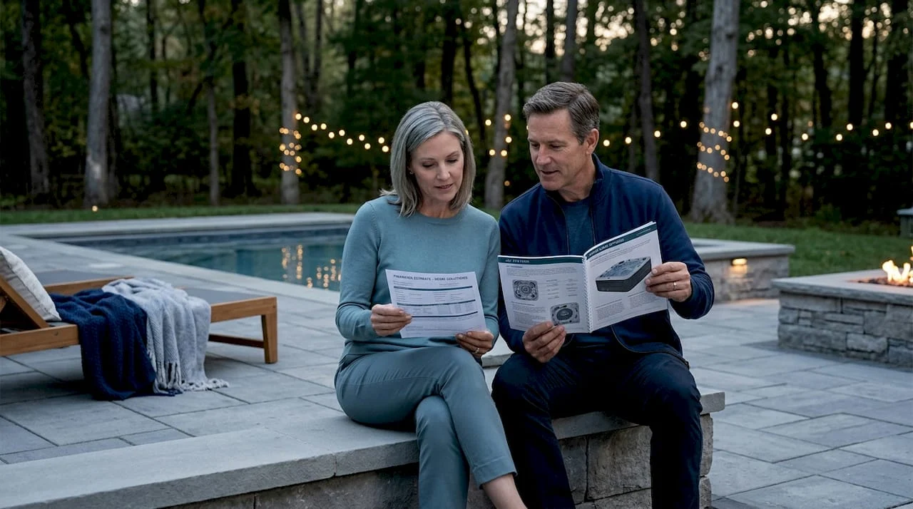 Homeowners reviewing hot tub financing outdoors