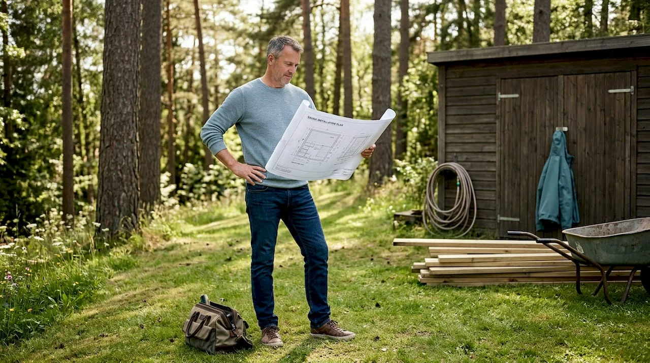 Homeowner planning sauna installation outdoors