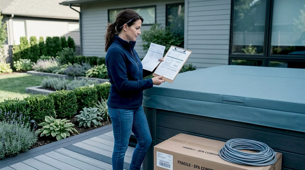 Homeowner checking spa delivery in backyard