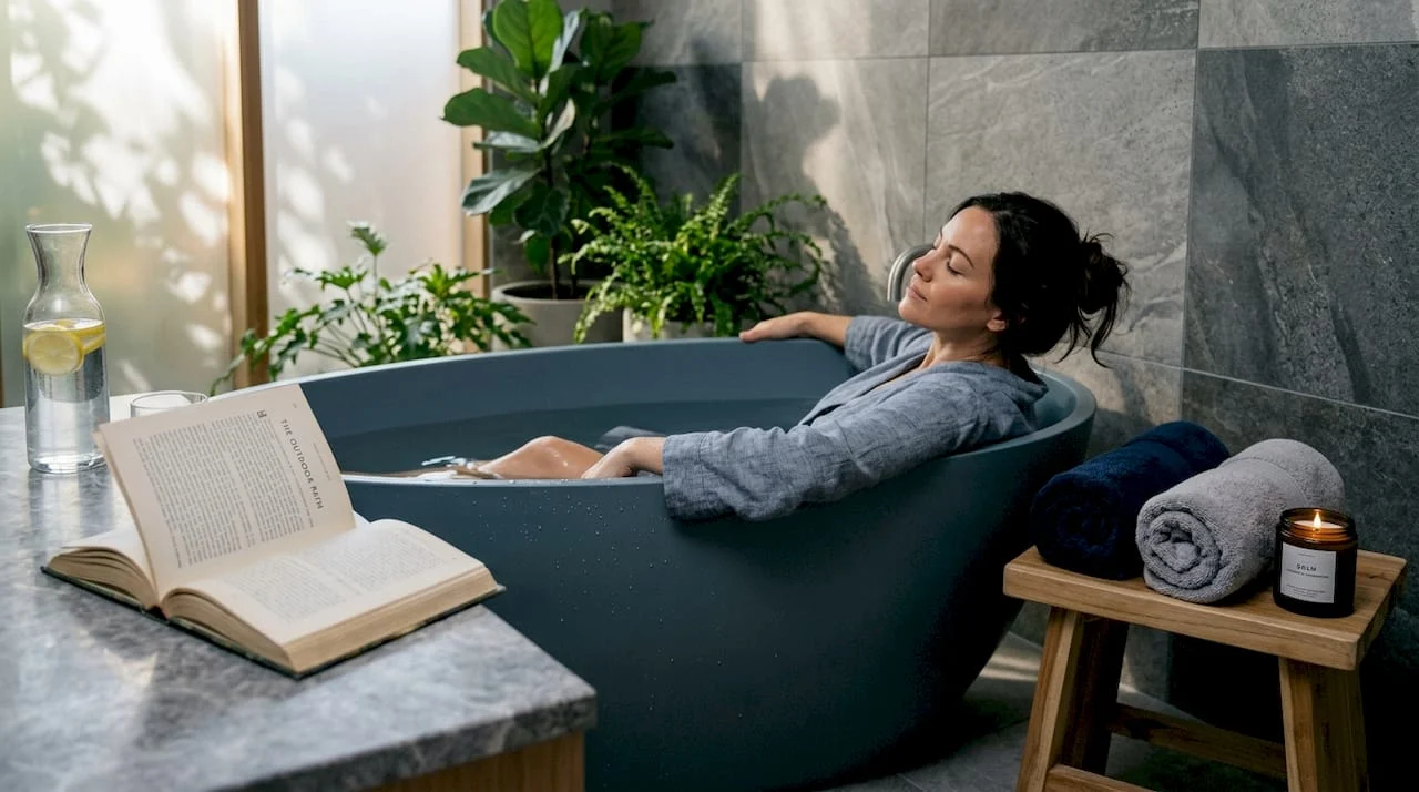 woman relaxing in home spa bath setup