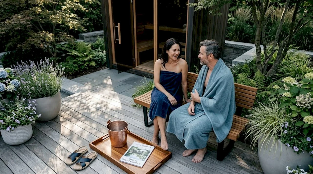 Home 29 couple relaxing outside backyard outdoor sauna