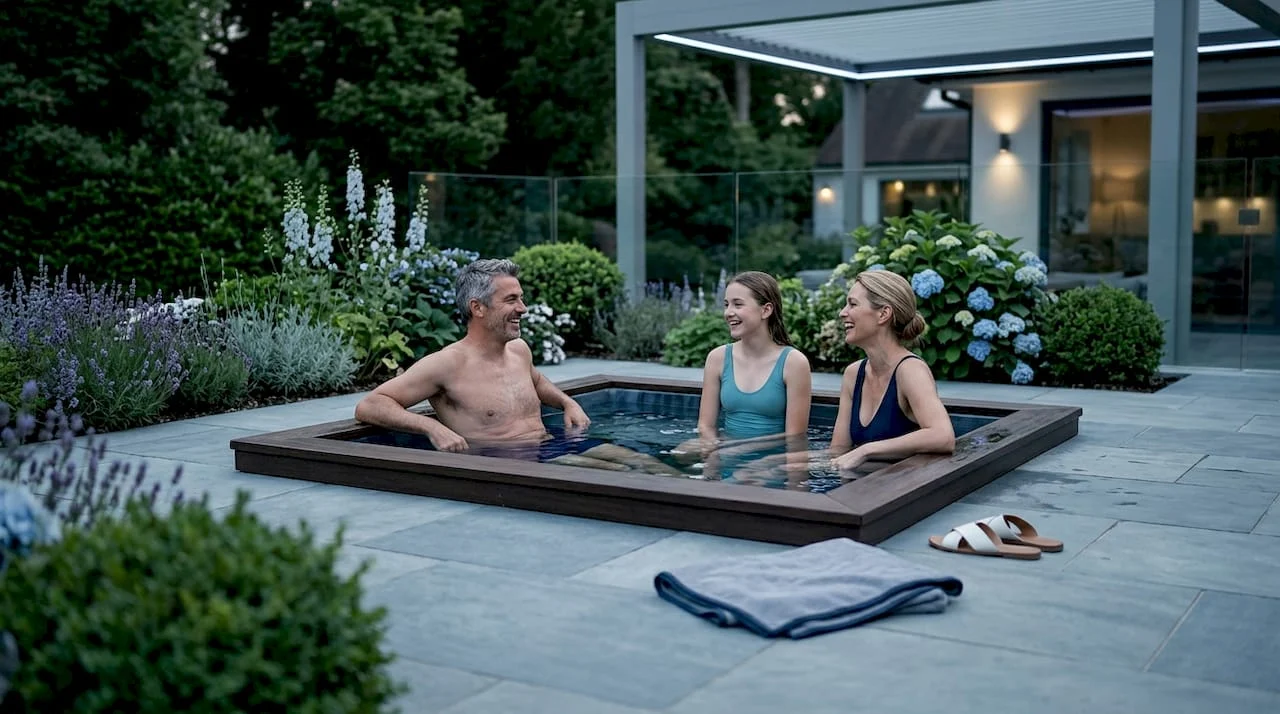 Family relaxing in backyard hot tub seating