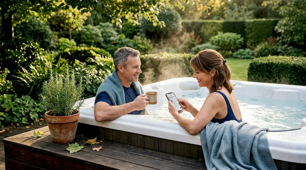 Couple relaxing in backyard hot tub