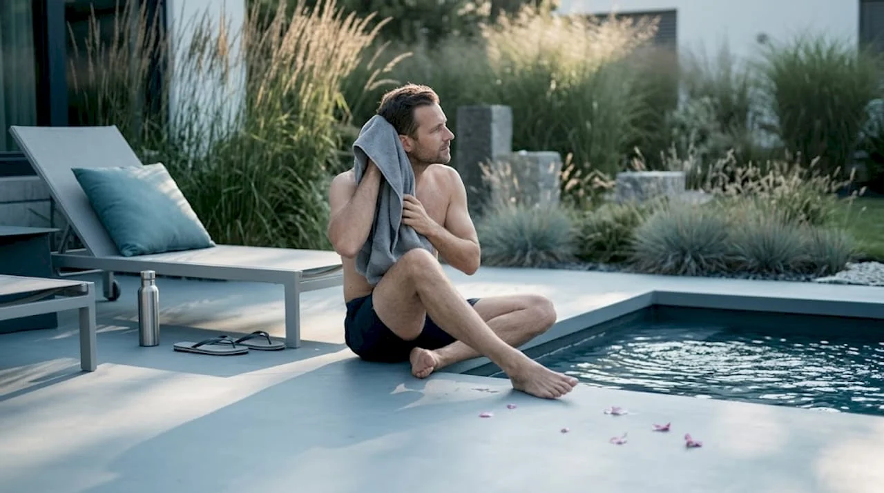man relaxing by backyard plunge pool