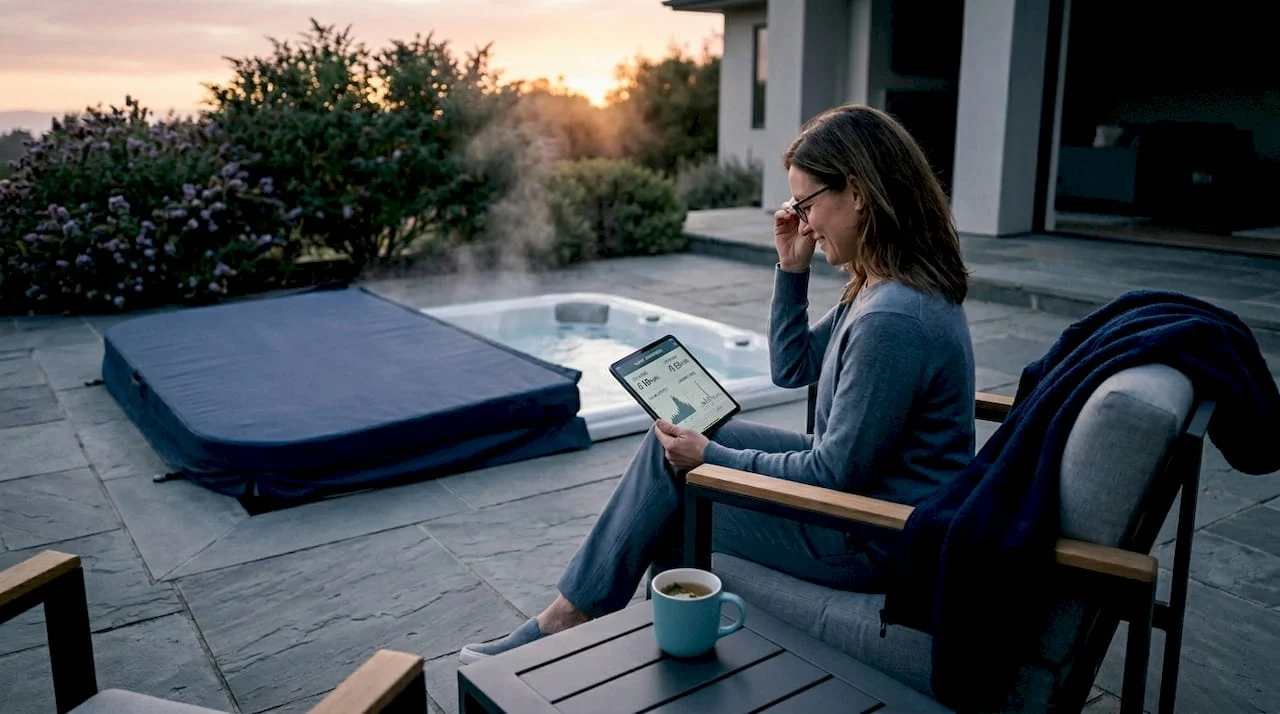 homeowner managing hot tub energy usage outdoors