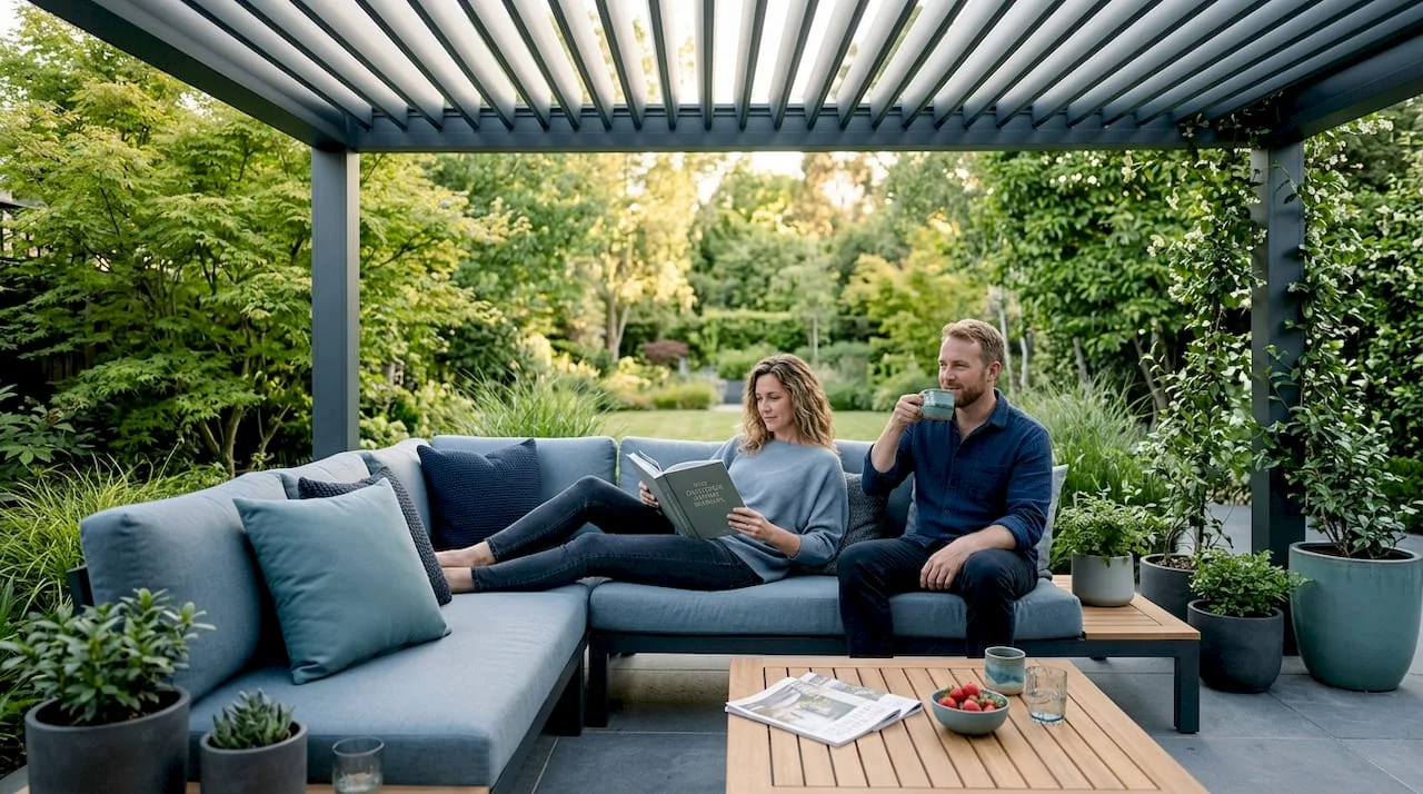Home 29 couple relaxing on luxury outdoor sofa in backyard